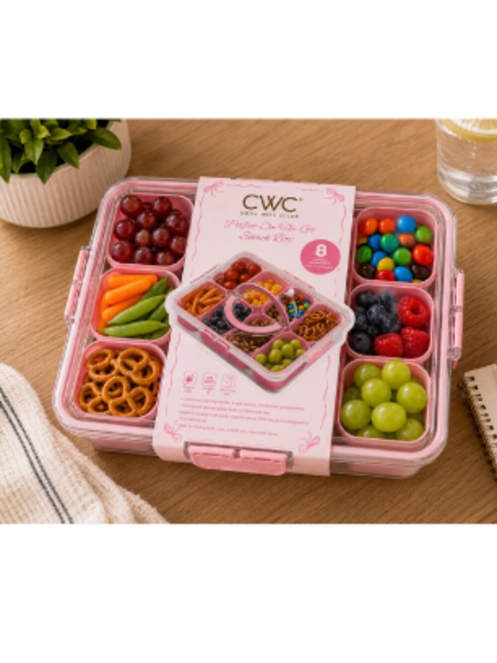 CWC Cook With Color Pink Glitter Snack Box 8 Removable Compartments Snap Lid
